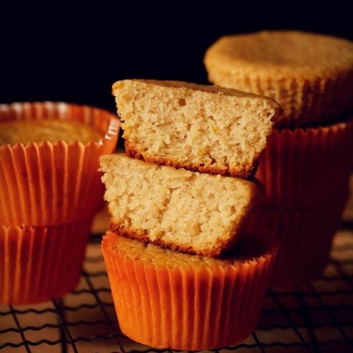 closeup shot of halved lemon muffins showing their fluffy and soft texture