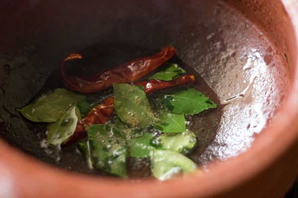saltear hojas de curry y chiles rojos secos en la sartén. 