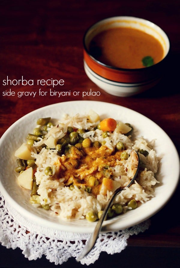 shorba gravy served on vegetable pulao on a white plate with a bowl of shorba kept on the right back side and text layovers.