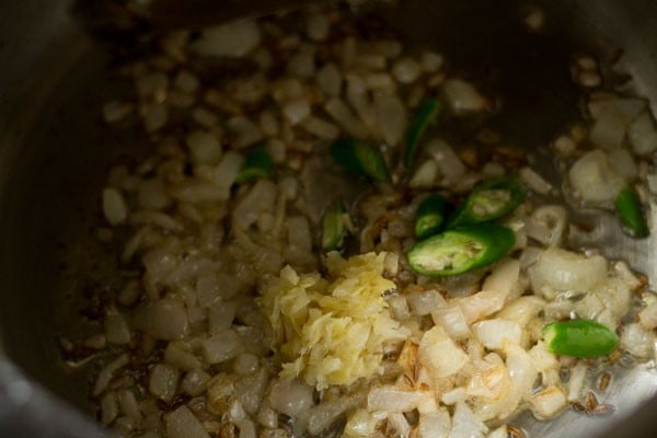 ginger-garlic paste and green chillies with onions.