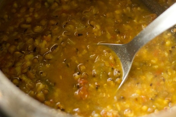 green gram curry in cooker with a spoon inside.