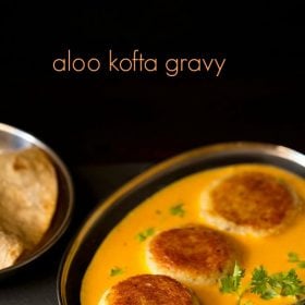 aloo kofta garnished with coriander sprig and served in a steel bowl with text layover.