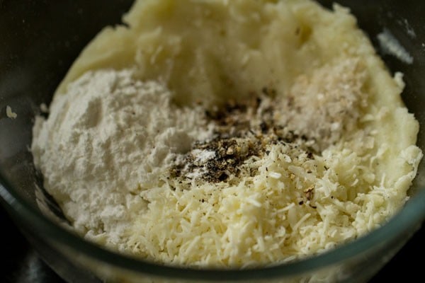 grated cheese, cornstarch, salt and crushed black pepper added to the mashed potatoes. 