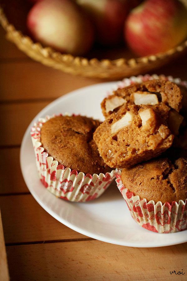 eggless apple muffins served on a white plate