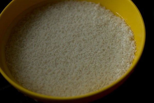 soaked rice in a pan