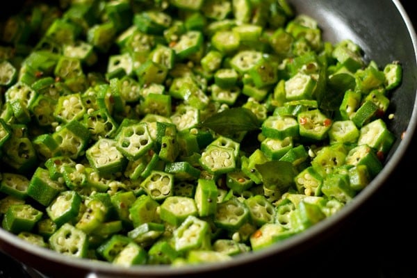 bhindi stirred well with the spices and lentil. 