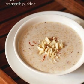 rajgira kheer garnished with slivered almonds, saffron strands and served in a white bowl kept on a white plate. and text layover.