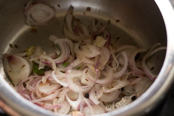 mixing onions and curry leaves with spices