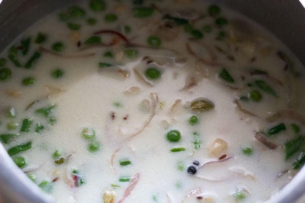 water mixed with the rice, coconut milk and other ingredients