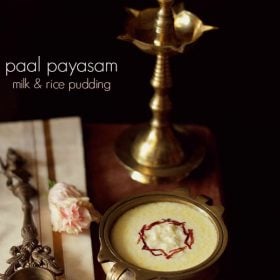 paal payasam garnished with dried rose petal chiffonade in a brass bowl with text layovers.