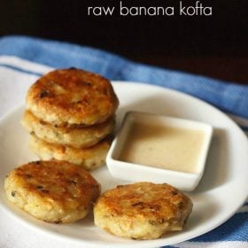 kele ka kofta served on a white plate with a bowl of coconut chutney.