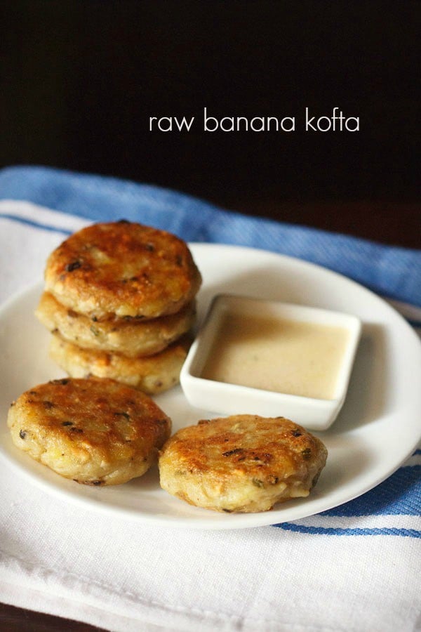 kele ka kofta served on a white plate with a bowl of coconut chutney.