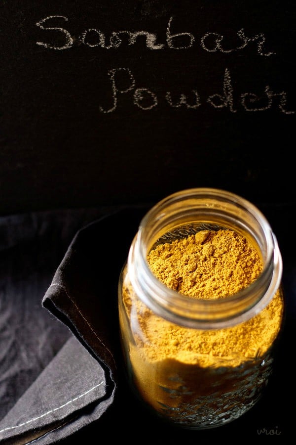 sambar powder in a glass jar.