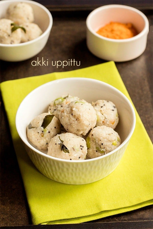 rice upma balls served in a white bowl with text layovers. 