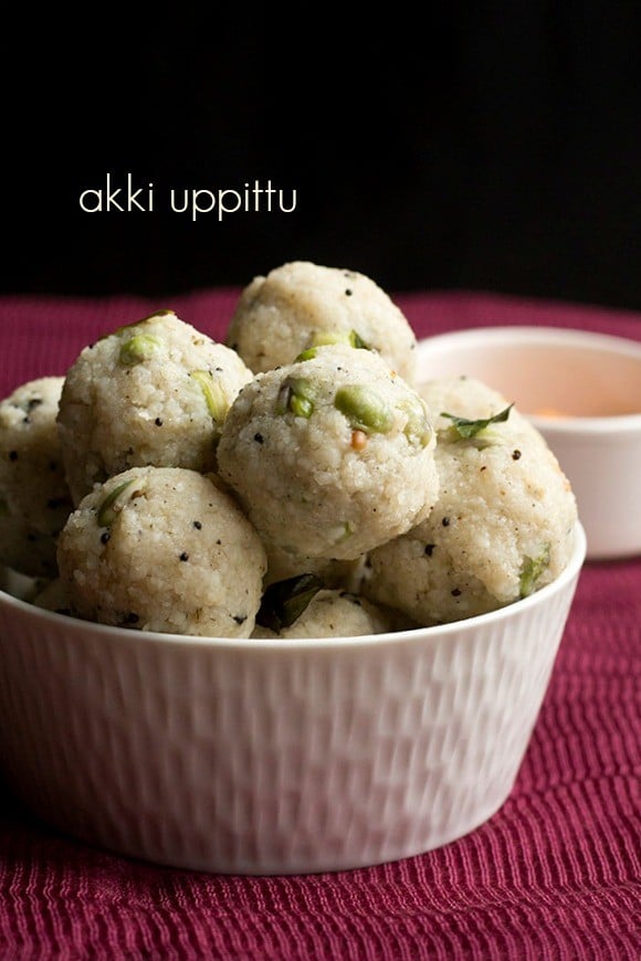 balls of arisi upma in a white bowl with text layovers.