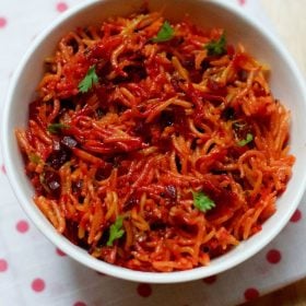 beetroot rice garnished with coriander leaves and served in a white bowl with text layovers.