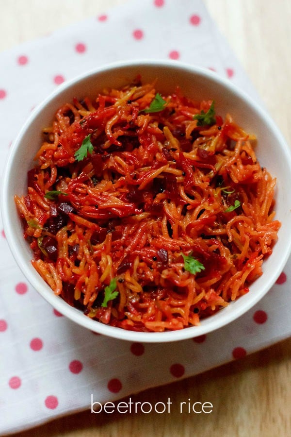 beetroot rice garnished with coriander leaves and served in a white bowl with text layovers.