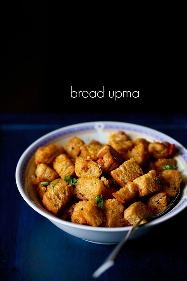 bread upma served in a white bowl with text layover.