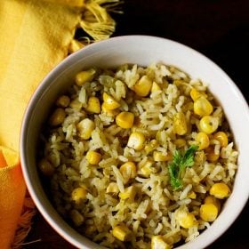 corn pulao served in a bowl.