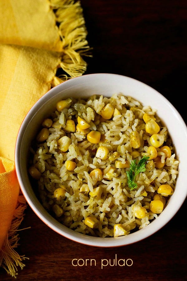 corn pulao served in a bowl.