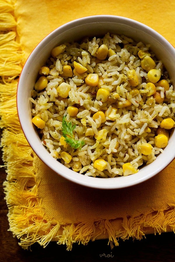 corn pulao served in a bowl