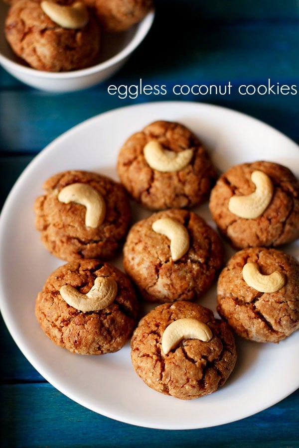 coconut cookies served on a plate with text layovers.