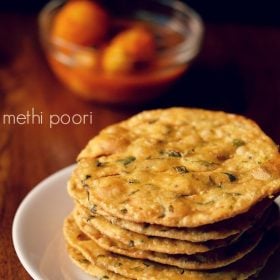 methi puri served on a white plate with a side of potato curry and text layover.