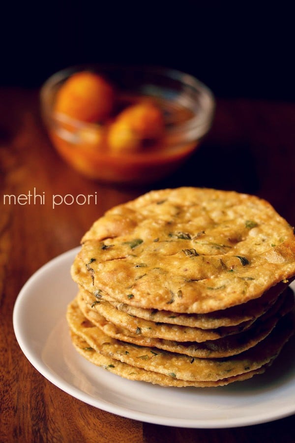 methi puri served on a white plate with a side of potato curry and text layover.