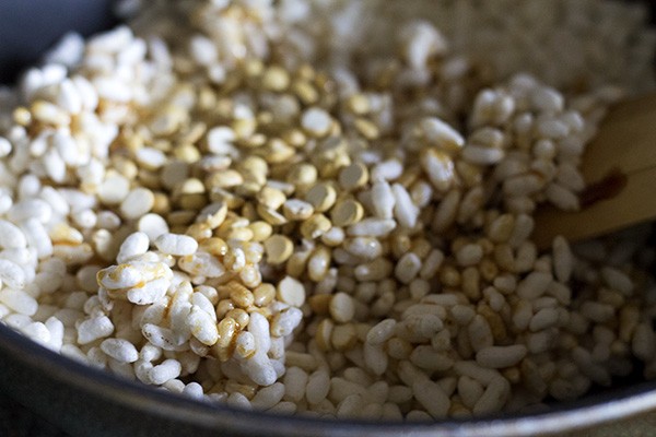 roasted chana dal added to puffed rice mixture. 