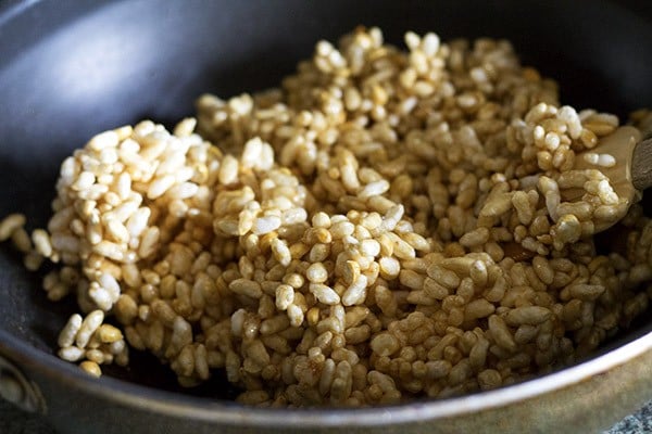 puffed rice mixture for making pori urundai. 