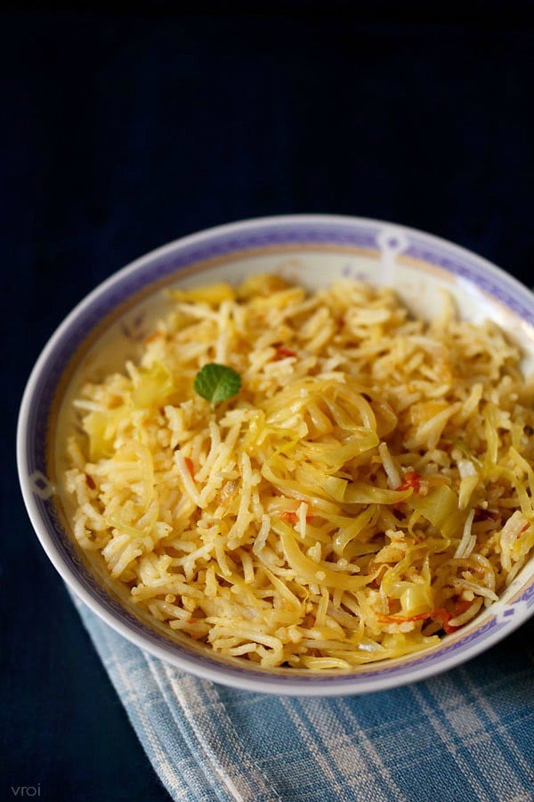 cabbage fried rice served on a round bowl