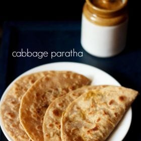 cabbage paratha served on a white plate with text layover.