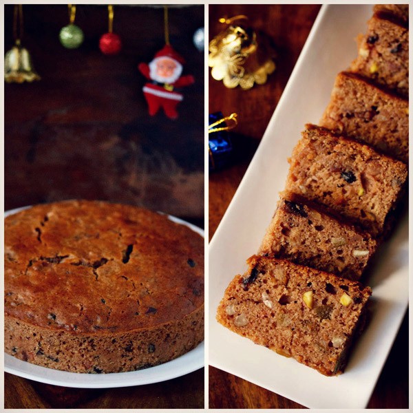 photo collage of a round kerala fruit cake on a white plate and slices of kerala fruit cake on a white rectangular tray