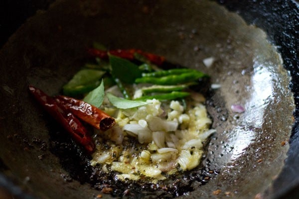 onions, garlic, ginger, red chillies, green chillies, curry leaves in oil