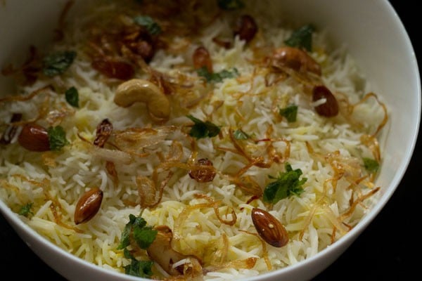 nuts and onions layer for Mughlai biryani