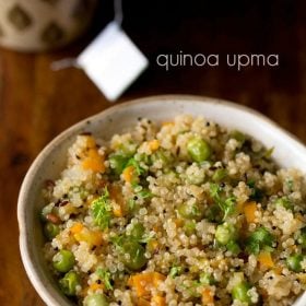 closeup shot of quinoa upma in a ceramic bowl with text layovers