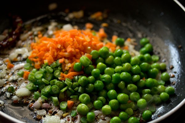 carrot, green peas, french beans for in skillet to make quinoa upma recipe