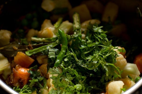 chopped mint leaves, chopped coriander leaves and slit green chilies added to the vegetable mixture in the pan. 