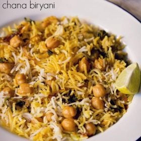 chana biryani served in a white plate with text layover.