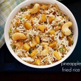 pineapple fried rice served in a white bowl with text layovers.