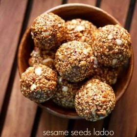 til ke laddu served in a wooden bowl with text layover.