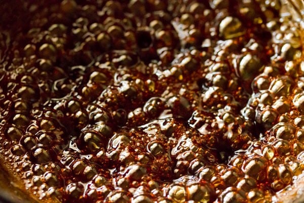 jaggery syrup reached to soft ball stage. 