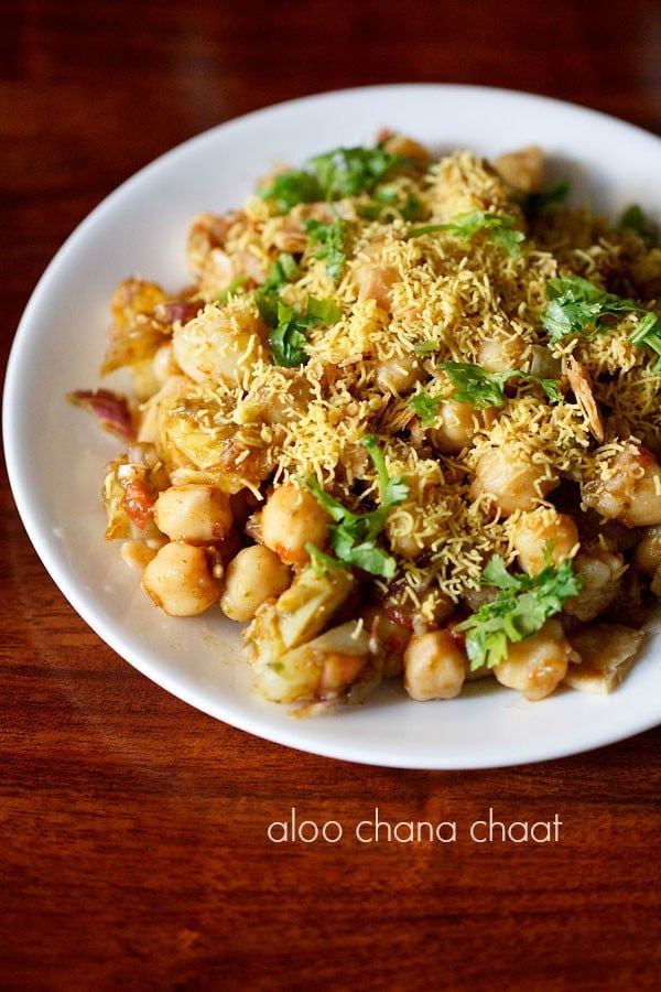 aloo chana chaat served on a white plate