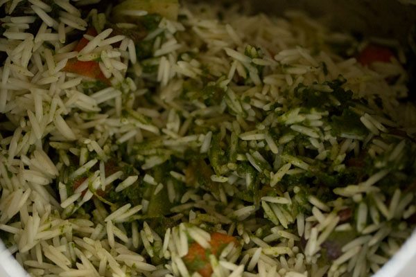 mixing rice with other pulao ingredients