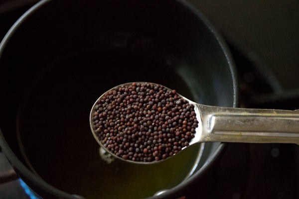 mustard seeds being added to hot oil