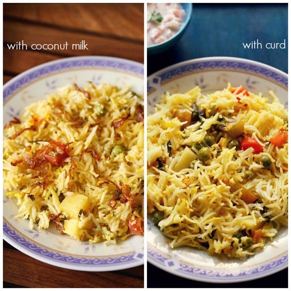 collage of pressure cooker biryani recipes with coconut milk and curd. 