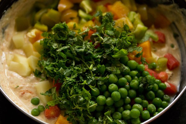 chopped vegetables, chopped coriander leaves, chopped mint leaves and salt added to curd. 