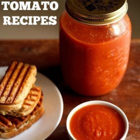 tomato sauce served in a bowl and kept in a jar with a plate of sandwiches kept on the left side and text layover.