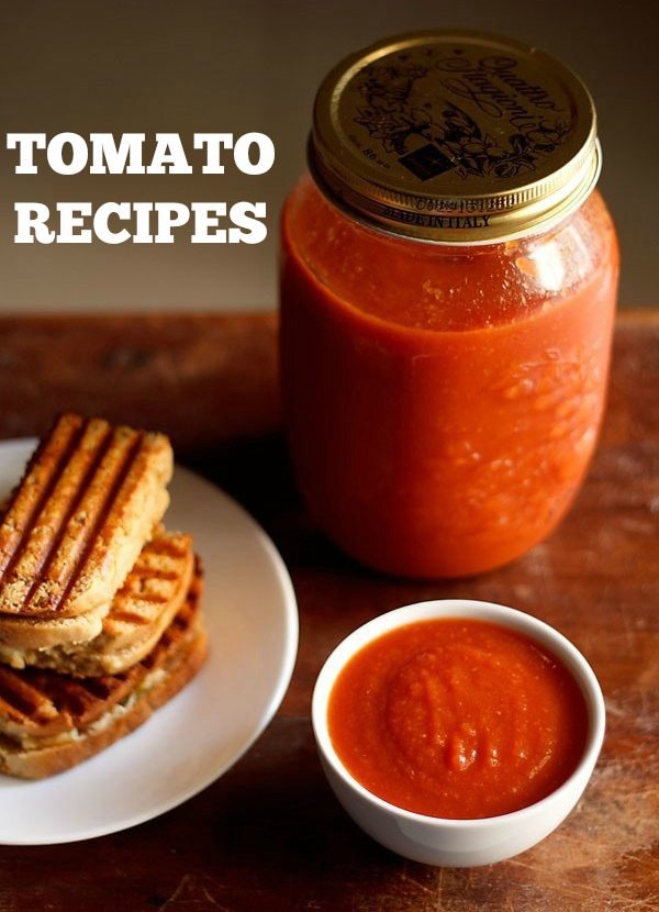 tomato sauce served in a bowl and kept in a jar with a plate of sandwiches kept on the left side and text layover.