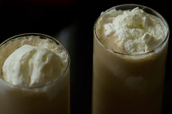 coffee milkshakes topped with vanilla ice cream.